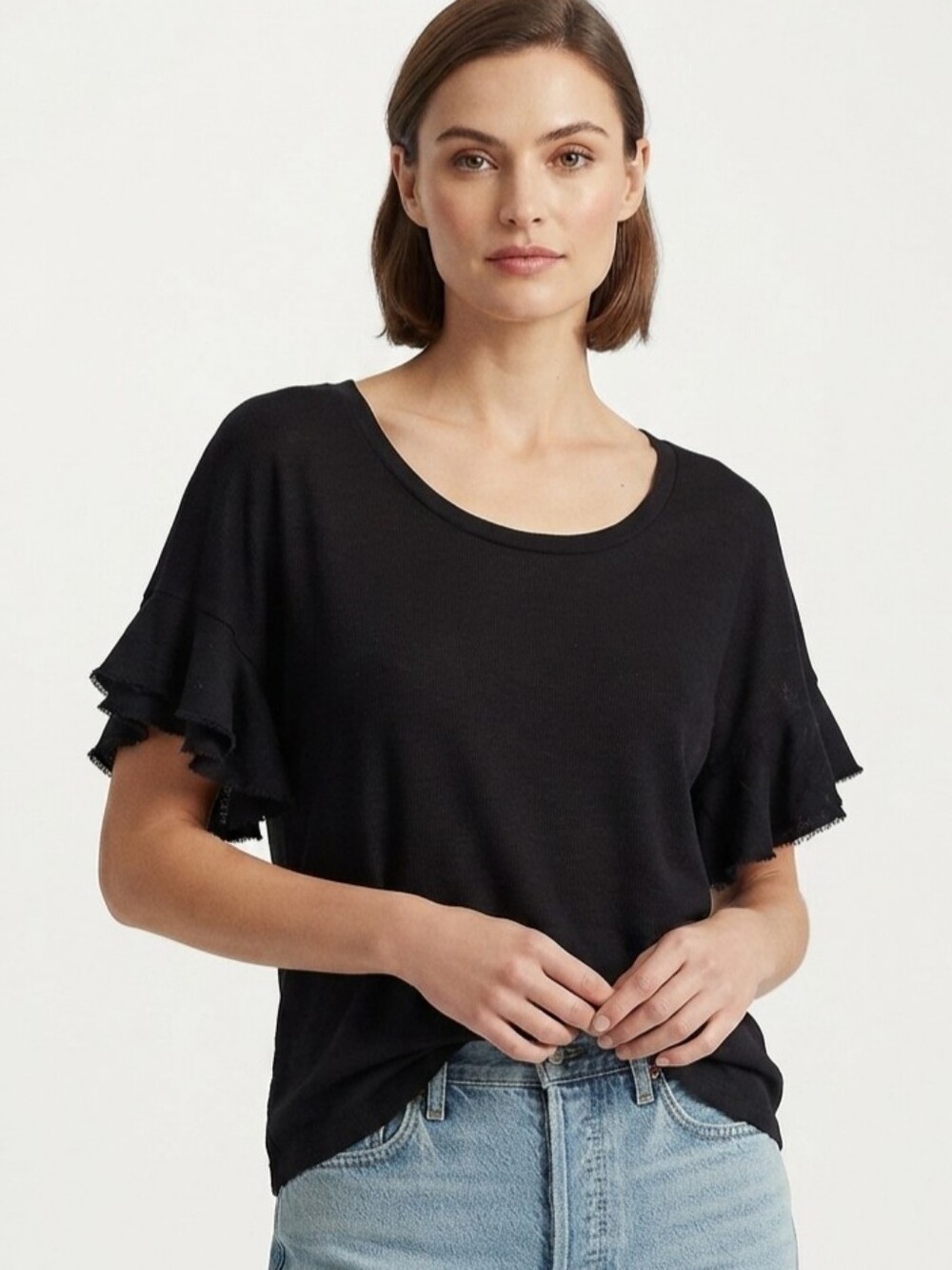 Michael Lauren Ruffle Sleeve Relaxed Fit Top In Black Size Medium